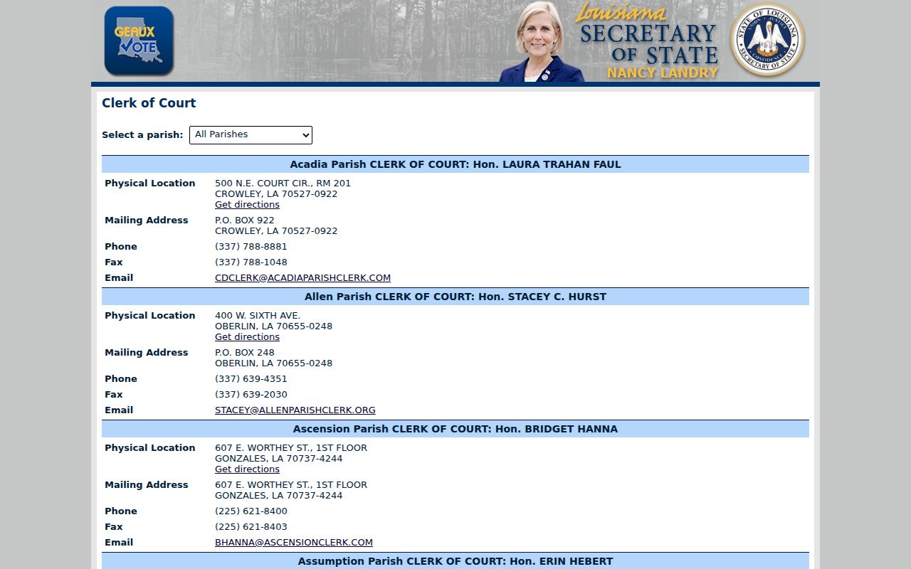 Rapides Parish case search Clerk of Court listing in the Louisiana Secretary of State directory