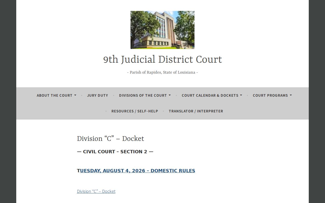 Rapides Parish civil docket calendar from the Ninth Judicial District Court